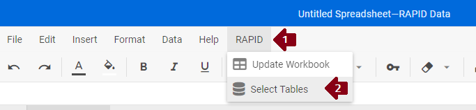 Selecting RAPID top menu option, then selecting Select Tables below it